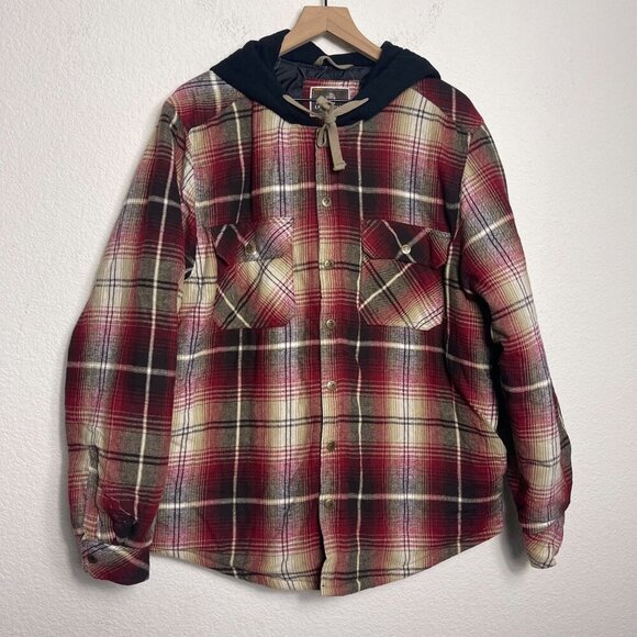 Legendary Outfitters Plaid Shacket Large Red/Brown Hooded Snap Front Drawstring - Picture 5 of 13